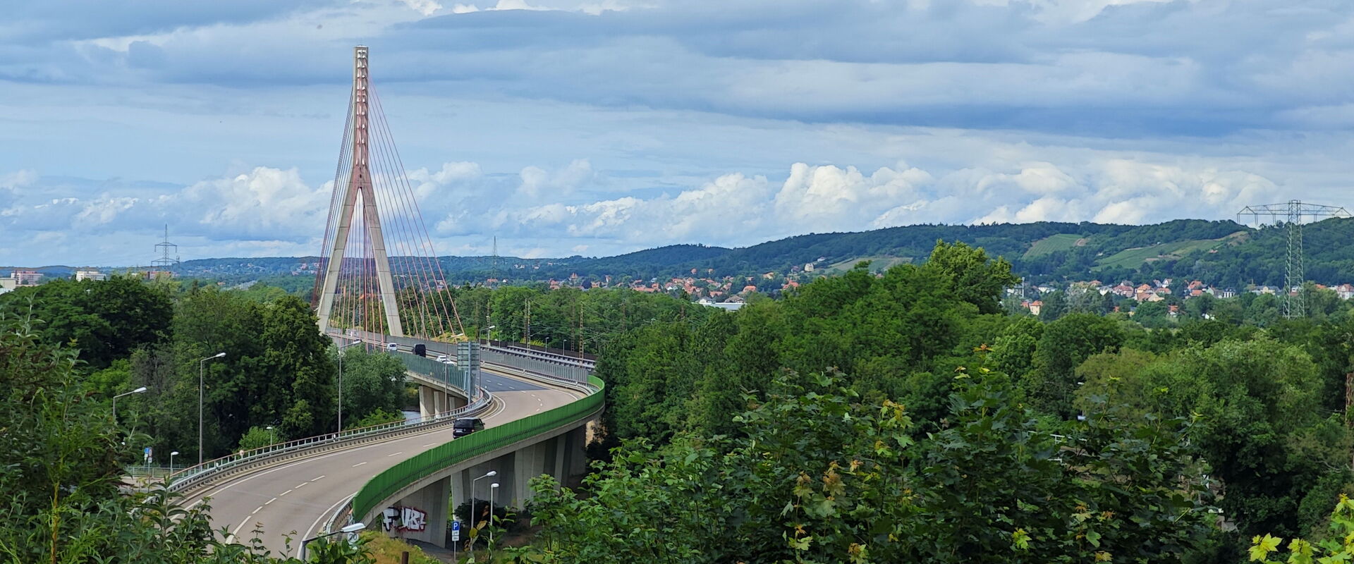 Blick auf die Schrägseilbrücke in Niederwartha | Die Brücke ist umgeben von vielen grünen Bäumen. Im Hintergrund: Hänge von Radebeul und Coswig.