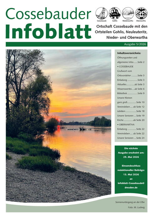 Cossebauder Infoblatt Mai 2026 | Titelblatt: Sonnenuntergang an der Elbe