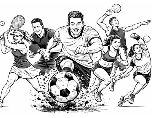 Grafische Darstellung mehrerer junger Personen, die begeistert Tennis, Fußball und Volleyball spielen