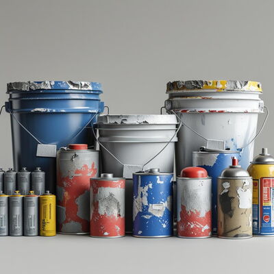 Mehrere ineinander gestapelte leere Farbeimer | Davor: In zwei Reihen aufgestellte leere Spraydosen