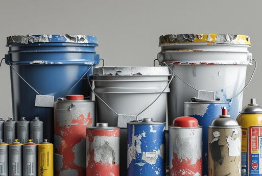 Mehrere ineinander gestapelte leere Farbeimer | Davor: In zwei Reihen aufgestellte leere Spraydosen