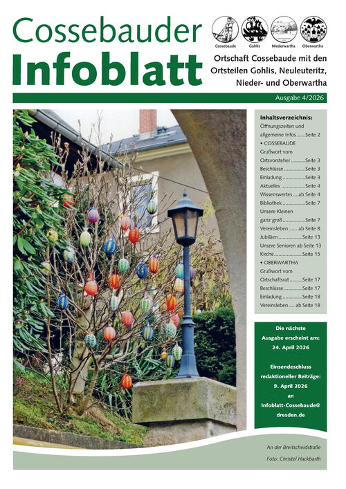 Cossebauder Infoblatt April 2026 | Titelblatt: Strauch mit Ostereiern auf der Breitscheidstraße in Cossebaude