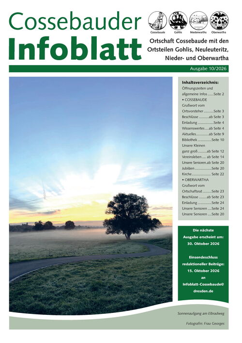 Cossebauder Infoblatt Ausgabe Oktober 2026 | Titelbild: Blick auf den Elberadweg und die Elbwiese in Richtung Gohliser Mühle