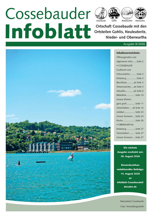 Cossebauder Infoblatt Ausgabe August 2026 | Titelbild: Blick über den See hin zum Pumpspeicherwerk Niederwartha