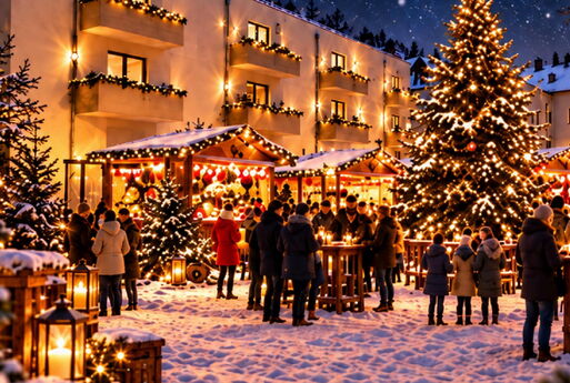 Cossebauder Elbfunkeln | Weihnachtsmarkt der Unternehmensgruppe Uwe Köhn: Grafik, die versch. Menschen auf einem Weihnachtsmarkt zeigt (KI-generiert)