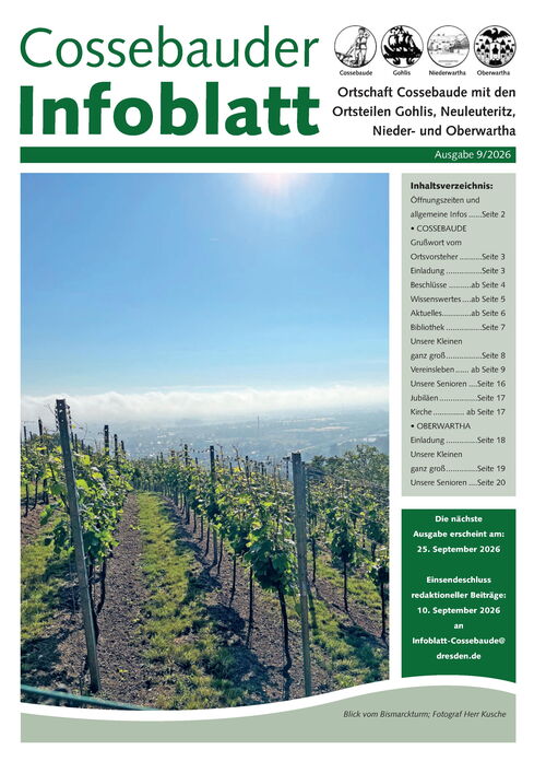Cossebauder Infoblatt Ausgabe September 2026 | Titelbild: Blick vom Bismarckturm über die Weinberge ins Elbtal