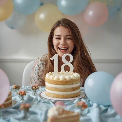 Eine Jugendliche feiert ihren 18. Geburtstag. Eine Jugendliche feiert ihren 18. Geburtstag. Vor ihr ist ein festlich gedeckter Tisch mit einer Torte, auf der die Zahl 18 zu sehen ist.