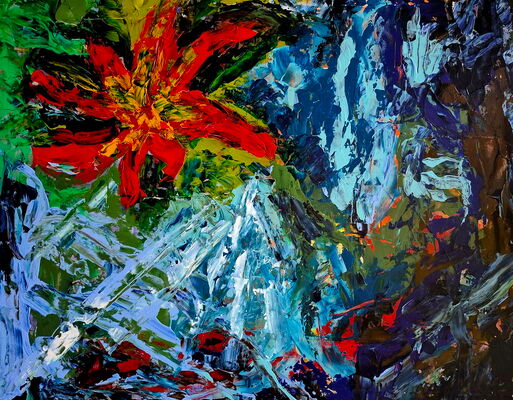 Sylke Klepsch – Farbenvielfalt – Rote Blume – Acryl auf Glattvlies