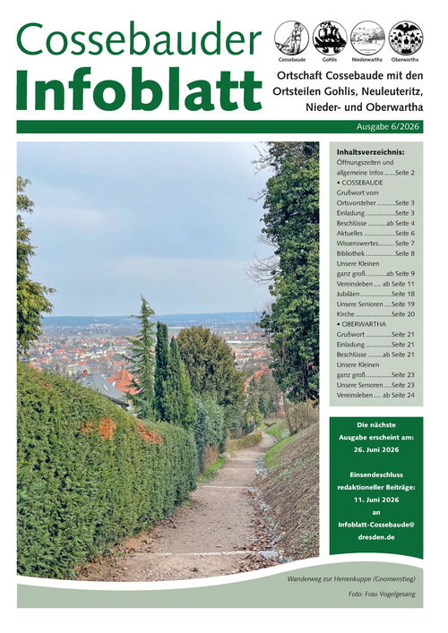 Cossebauder Infoblatt Juni 2026 | Titelblatt: Wanderweg zur Herrenkuppe (Gnomenstieg)