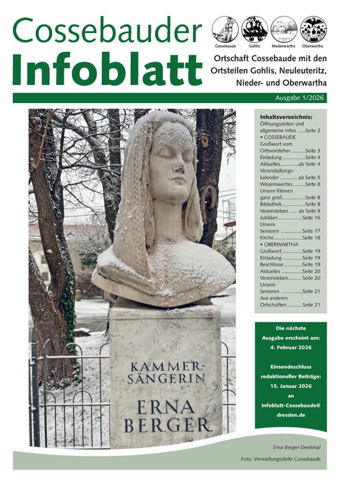Cossebauder Infoblatt Januar 2026 | Titelblatt: schneebedeckte Stehle der Kammersängerin Erna Berger