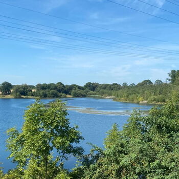 Blick über die Böschung auf das Wasser des Oberbeckens des Pumpspeicherwerks Niederwartha