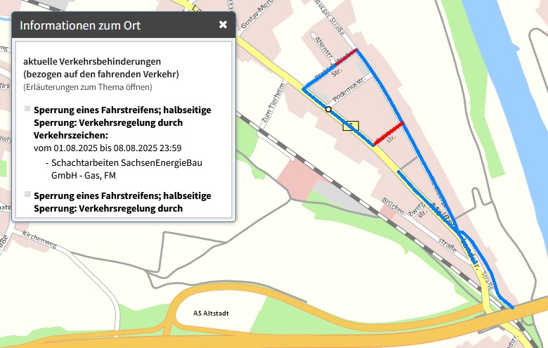 Auszug aus dem Stadtplan von Dresden, in dem eine Baustelle blau und rot gekennzeichnet ist.