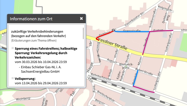 Auszug aus dem Stadtplan von Dresden, in dem eine Baustelle blau und rot gekennzeichnet ist.